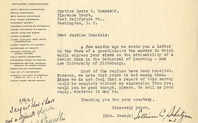 Louis Brandeis had to be nudged to answer the Pittsburgh Conference of Jewish Women’s Organizations’ questionnaire.

(Image courtesy Rauh Jewish History Program & Archives)