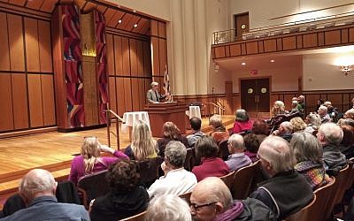 Kathleen Blee addresses an audience at Rodef Shalom Congregation. Her address was sponsored by Congregation Dor Hadash’s Adult Education Committee.   (Photo by Dave Rullo)