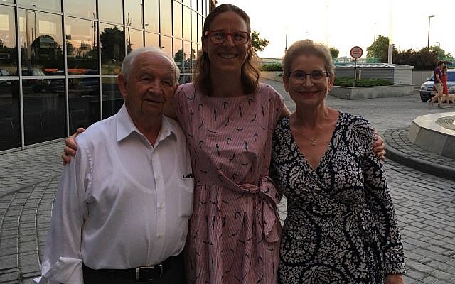 Holocaust survivor Howard Chandler, Leigh Ann Totty, and Hedy Chandler (Howard's daughter) in Krakow, Poland summer 2016. Study Tour conducted by Classrooms without Borders.  Photo provided by Leigh Ann Totty