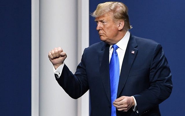 President Donald Trump gestures after speaking during the Republican Jewish Coalition’s annual leadership meeting at The Venetian Las Vegas, April 6, 2019. (Ethan Miller/Getty Images)