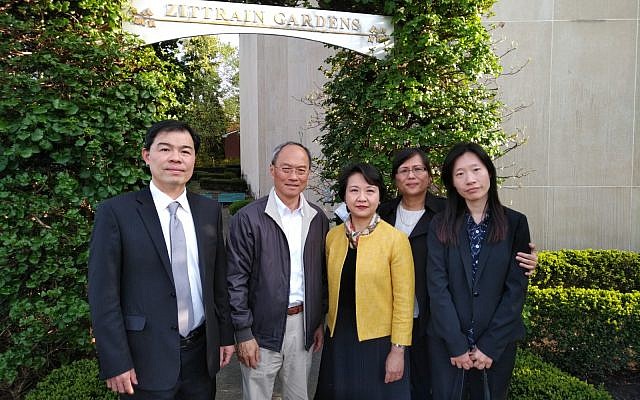 Marian Lien of the Squirrel Hill Urban Coalition (second from right) joins Taiwanese officials, Jack Huang, Hsin-hsing Wu, Lily L. W. Hsu and Carol Lee outside of the Tree of Life building. Photo by Adam Reinherz