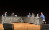 Co-hosts Dan Berkowitz, left, and Drew Goldstein speak with panelists. Photo by Jim Busis