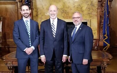 From left: Former CRC Director Josh Sayles, Former Gov. Tom Wolf and Jewish Federation of Greater Pittsburgh President and CEO Jeff Finkelstein (Photo provided by Josh Sayles)