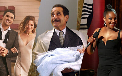 Among the 2020 Emmy Awards nominations were, from left, "Schitt's Creek," "The Marvelous Mrs. Maisel" and "Black Mitzvah." (Image design by Emily Burack/Stills via Pop TV/Amazon Prime/Netflix)
