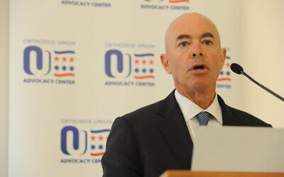 Alejandro Mayorkas, then deputy secretary of Homeland Security, addresses the Orthodox Union at a conference in Washington, Sept. 21, 2016. (Orthodox Union via JTA)