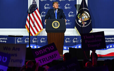 President Donald Trump speaks at the Republican Jewish Coalition's annual leadership meeting at The Venetian Las Vegas, April 6, 2019. (Ethan Miller/Getty Images via JTA)