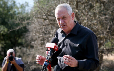 Israeli Defense Minister Benny Gantz speaks during a visit to the Israel-Lebanon border, Nov. 17, 2020. (David Cohen/Flash90 via JTA)