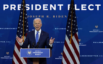 President-elect Joe Biden said the United States could restore sanctions under the terms of the nuclear deal should Iran resist further talks. (Drew Angerer/Getty Images via JTA)