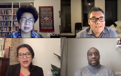 A panel on anti-Semitism hosted by Jewish Voice for Peace Action featured (clockwise from left): historian Barbara Ransby, commentator Peter Beinart, media studies professor Marc Lamont Hill and Democratic Rep. Rashida Tlaib. It was moderated by Rabbi Alissa Wise, a Jewish Voice for Peace activist. (Separate screenshots from Facebook via JTA)