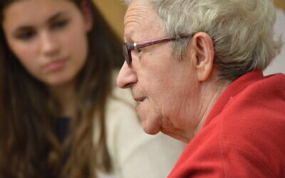 Shulamit Bastacky, right, speaks at Community Day School in 2018. Photo courtesy of Community Day School