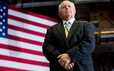 U.S. radio talk show host and conservative political commentator Rush Limbaugh looks on before introducing  Donald Trump to deliver remarks at a Make America Great Again rally in Cape Girardeau, MO, on Nov. 5, 2018. (Photo by Jim Watson/AFP via Getty Images/via JTA)