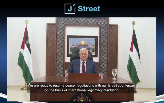 Mahmoud Abbas addresses attendees of J Street conference (Photo courtesy of J Street via Washington Jewish Week)