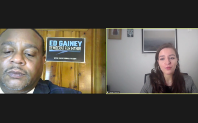 State Rep. and Pittsburgh Mayoral candidate Ed Gainey speaks with Federation's Laura Cherner. Screenshot by Adam Reinherz