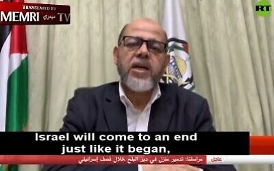 Screen capture of Musa Abu Marzouk, deputy political chief of Hamas, in a May 17, 2021, interview with Russia Today TV, translated by the Washington-based MEMRI institute. (MEMRI screen capture via The Times of Israel)