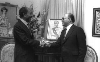 Menachem Begin at his first meeting with Egyptian President Anwar Sadat at the Egyptian Embassy in Washington, D.C. (Photo courtesy of Abramorama / Photographer Ya’acov Sa’ar via Jewish Exponent)