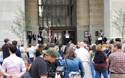 More than 400 people attended the Jewish Federation of Greater Pittsburgh's "Stand Against Antisemitism" rally at the City County Building in June, 2021. (Photo by David Rullo)