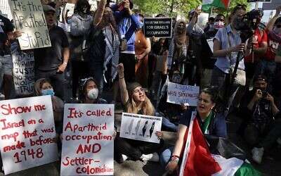 Activists protest Israel’s military actions against Palestinians outside the Israeli Embassy in Washington, DC. on May 18, 2021. (Alex Wong/Getty Images)