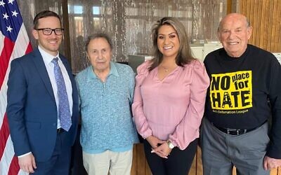 From left: Arizona Teaching the Holocaust co-founder Michael Beller, Alexander White, Arizona State Rep. Alma Hernandez and Oskar Knoblauch. White and Knoblauch, both Holocaust survivors, testified on behalf of legislation that would mandate Holocaust education in the state. (Courtesy of Michael Beller)