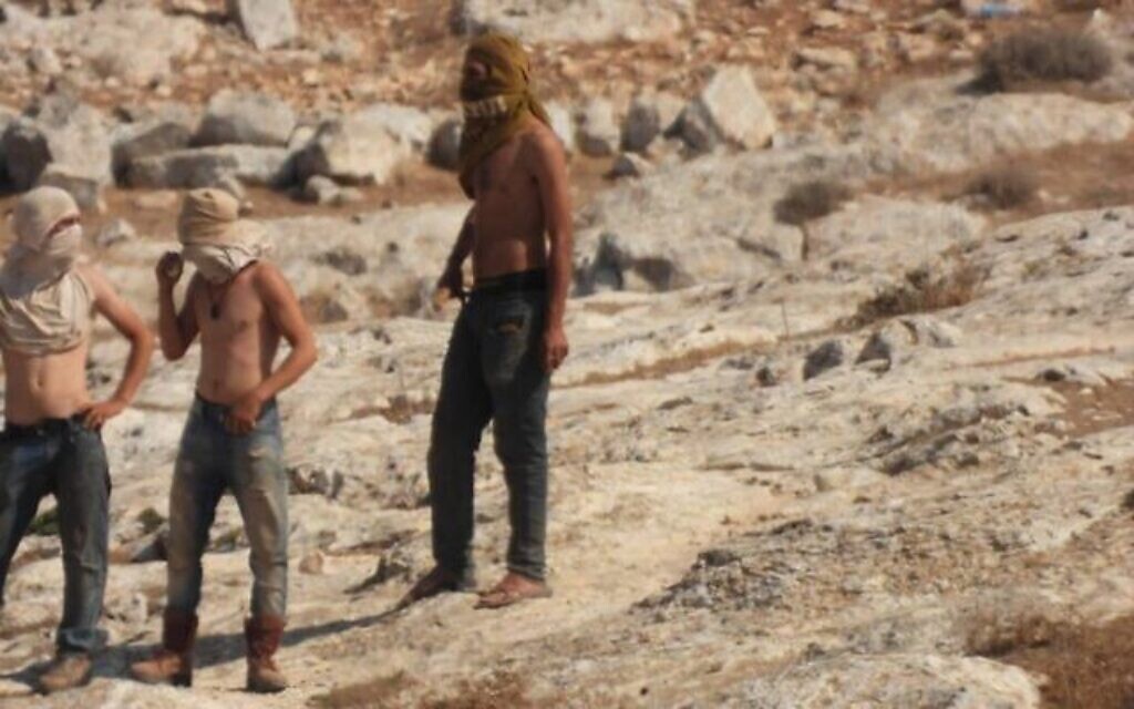 Masked settlers near the Palestinian hamlet of al-Mufaqara in the South Hebron Hills, on Tuesday, Sept. 28, 2021. (Courtesy photo via The Times of Israel)