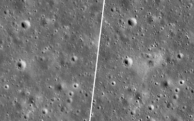 NASA released photos of the crash area by SpaceIL's “Beresheet” spacecraft, which failed to land on the moon, April 11, 2019. (NASA/GSFC/Arizona State University via JNS)