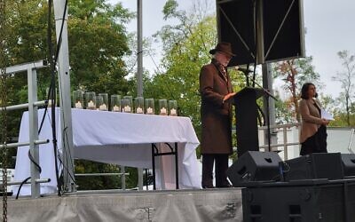 Tree of Life Rabbi Jeffrey Myers sang El Malei Rahamim before hundreds at the third Oct. 27 commemoration ceremony Photo by David Rullo