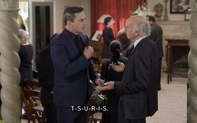 Jon Hamm and Larry David discuss Yiddish words during the first episode of Season 11 of "Curb Your Enthusiasm." (Screenshot from HBO via JTA)