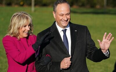 Doug Emhoff and Jill Biden arrive before President Joe Biden takes part in signing the infrastructure bill at the White House, Nov. 15, 2021. (Mandel Ngan/AFP via Getty Images)