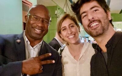 Rep. Jamaal Bowman, D-Bronx/Westchester, left, meets with Sally Abed and Alon-Lee Green of Standing Together, a progressive Jewish-Arab grassroots movement, during his visit to Israel and Palestinian-controlled areas as part of a Congressional delegation arranged by J Street, Nov. 8, 2021. (Via Twitter/JTA)