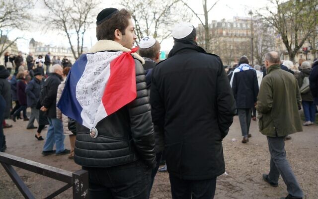 Jews at a march in Paris for Mireille Knoll, March 28, 2018. (Photo by Cnaan Liphshiz) Jews at a march in Paris for Mireille Knoll, March 28, 2018. (Photo by Cnaan Liphshiz)
