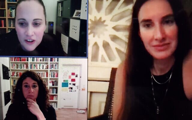 Top left: Kaleen Gallagher; bottom left: Lena Gorelik; right: Mirna Funk discuss contemporary challenges facing German Jewish women writers. Screenshot by Adam Reinherz