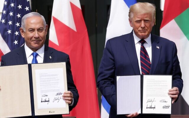 Israel Prime Minister Benjamin Netanyahu and U.S. President Donald Trump participate in the signing ceremony of the Abraham Accords on the South Lawn of the White House in Washington, D.C., Sept. 15, 2020. (Alex Wong/Getty Images)
