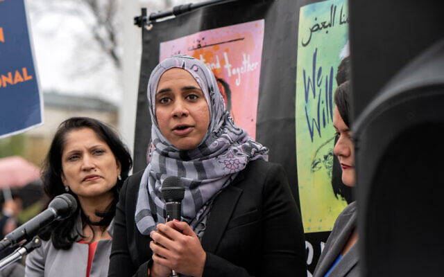 Zahra Billoo, executive director of the San Francisco chapter of the Council on American Islamic Relations, speaks outside of the U.S. Supreme Court, April 2018. (Lorie Shaull/Flickr)