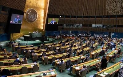 A wide view of the 30th plenary meeting of the General Assembly. (UN Photo/Eskinder Debebe via JNS)