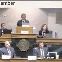 Indiana Republican State Sen. Scott Baldwin, lower left, defended his education bill during a Jan. 5 hearing in the state house by saying that teachers should not "take a position" on issues like "Nazism." (Screenshot)