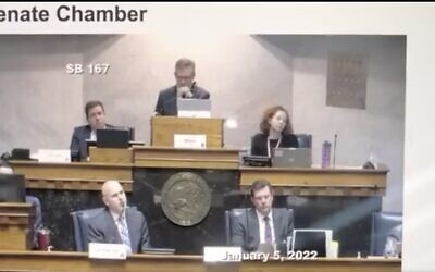 Indiana Republican State Sen. Scott Baldwin, lower left, defended his education bill during a Jan. 5 hearing in the state house by saying that teachers should not "take a position" on issues like "Nazism." (Screenshot)