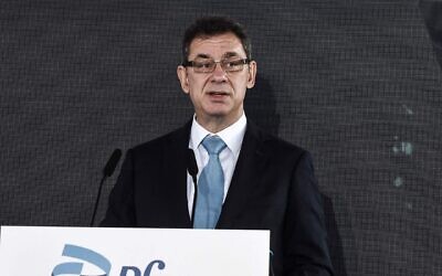 Pfizer CEO Albert Bourla delivers a speech during the inauguration ceremony of the company's new center for Digital Innovation and Business Operations and Services, in Thessaloniki, Oct. 12, 2021. (Sakis Mitrolidis/AFP via Getty Images)