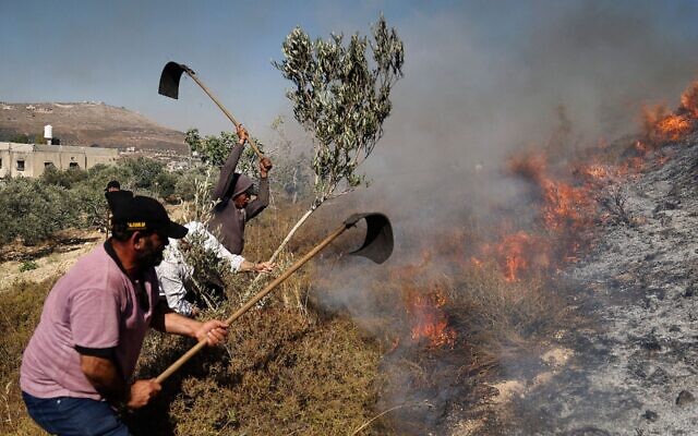 Palestinians extinguish a fire in a field around the village of Burin, south of Nablus in the West Bank, after Israeli settlers from the settlement of Yitzhar set it ablaze, according to eyewitnesses from the village council, Jun. 29, 2021. (Jaafar Ashtiyeh/AFP via Getty Images)