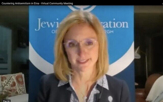 Shawn Brokos at the "Countering Antisemitism" event (Screenshot by Jim Busis)