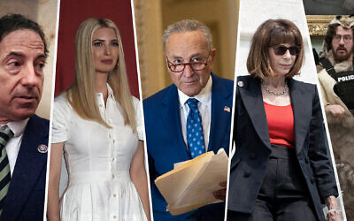 Jewish lives changed by the insurrection include from left to right, Jamie Raskin, Ivanka Trump, Charles Schumer, Kathy Manning, Aaron Mostofsky. (Getty Images/ Design by Grace Yagel)