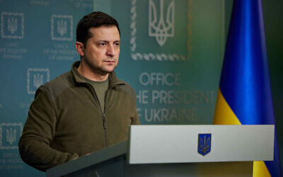 Ukraine President Volodymyr Zelensky holds a press conference on Russia's military operation in Ukraine, Feb. 25, 2022. (Presidency of Ukraine/Handout/Anadolu Agency via Getty Images)
