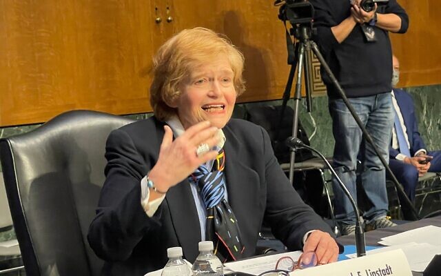 Deborah Lipstadt, President Joe Biden's nominee to be antisemitism monitor, testifies in the Dirksen Office building near the U.S. Capitol, Feb. 8, 2022. (Ron Kampeas)