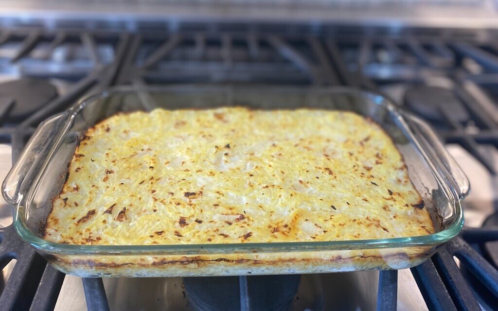 Savory spaghetti squash kugel (Photo by Carole Lampel Mantel)