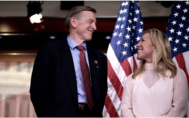 Reps. Marjorie Taylor Greene and Rep. Paul Gosar at a news conference at the U.S. Capitol Building, Dec. 7, 2021. (Anna Moneymaker/Getty Images)