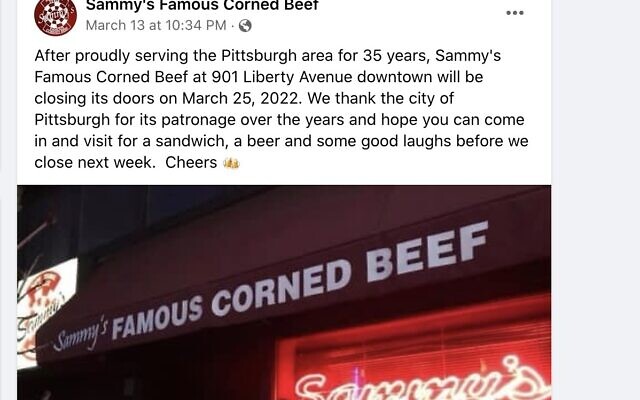 Screenshot from Sammy’s Famous Corned Beef’s Facebook page announcing the store’s closure