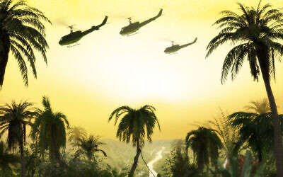 American Huey military helicopter formation flying over the jungle at sunset during the Vietnam War. 3d render. Photo by ratpack223 via iStock