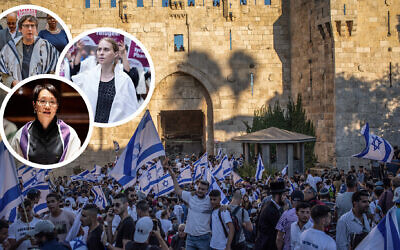 Clockwise from the top: Rabbi Sharon Kleinbaum (Erik McGregor/LightRocket via Getty Images), Rabbi Jill Jacobs (Courtesy Jill Jacobs), Rabbi Angela Buchdahl (Michael Brochstein/SOPA Images/LightRocket via Getty Images). Background: Demonstrators gather at the Damascus Gate of the Old City of Jerusalem with flags of Israel during the controversial Flag March, organized by Israeli right-wing nationalists on June 15, 2021. (Ilia Yefimovich/picture alliance via Getty Images)
