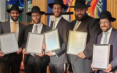From left: Rabbis Chananel Shapiro, Binyomin Bauman, Moshe Gans, Shmuli Mandelbaum and Yossi Berkowitz. Photo by Adam Reinherz