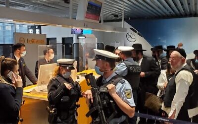 Jewish passengers were greeted by the police once they arrived in Frankfurt. (Courtesy)