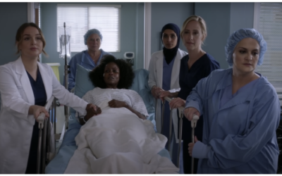 TV writer Elisabeth Finch (right) as a nurse on a 2019 episode of "Grey's Anatomy," which she wrote allegedly inspired by her experiences as a sexual assault survivor. Recently unearthed details have cast doubt on many of Finch's stories about her own trauma, including her claim that she had helped clean up a friend's remains from the Tree of Life shooting. (Screenshot via ABC)