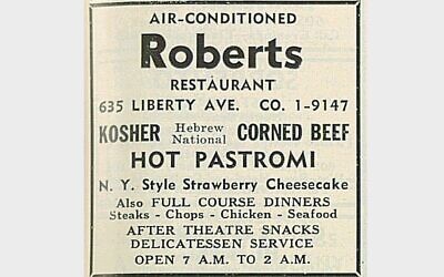 A long-running Robert’s Restaurant advertisement in the local American Jewish Outlook gives hints to its menu. (Pittsburgh Jewish Newspaper Project)